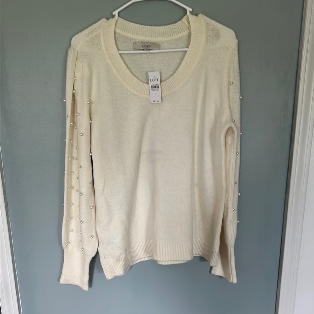 LOFT Cream Crew Neck Sweater Lightweight Knit